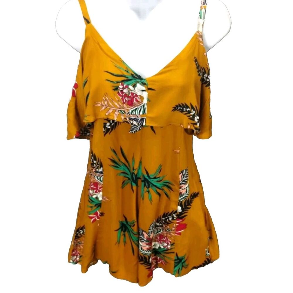 Ardene Romper Women's S Mustard Gold Viscose Hawaiian Aloha Ruffle Twee Cottage